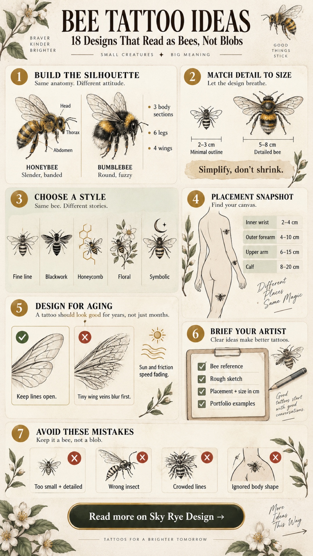 Bee tattoo ideas infographic comparing silhouette, size, styles, placement, aging, and artist brief