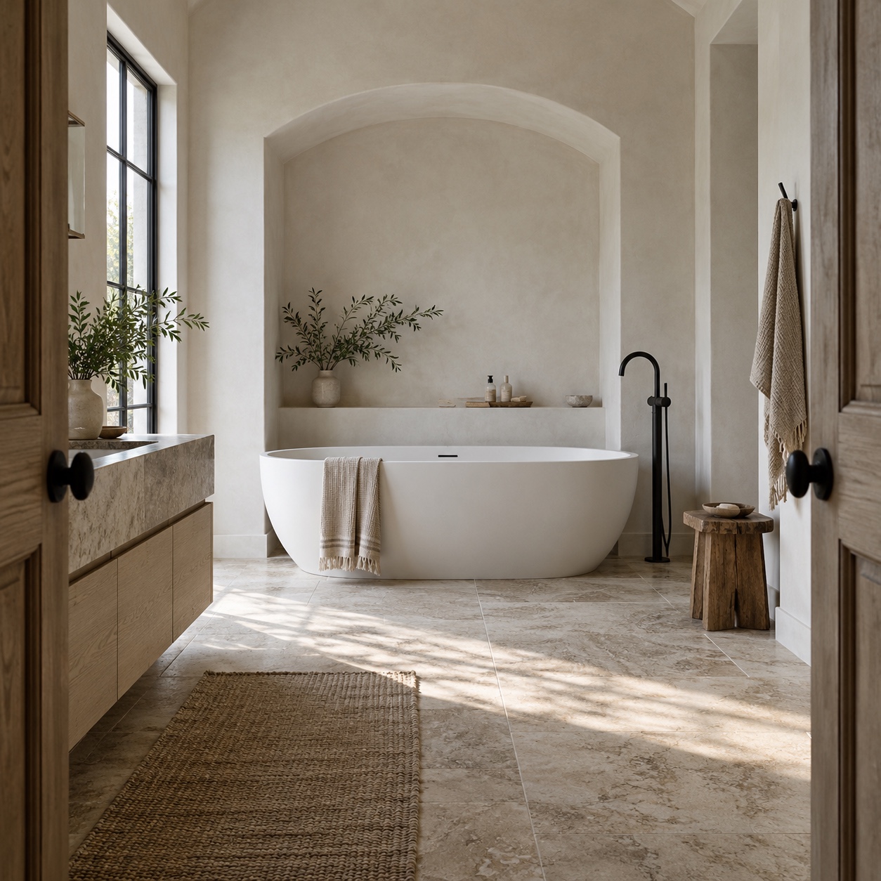 Pale contemporary bathroom with a freestanding white bathtub in a plaster recess