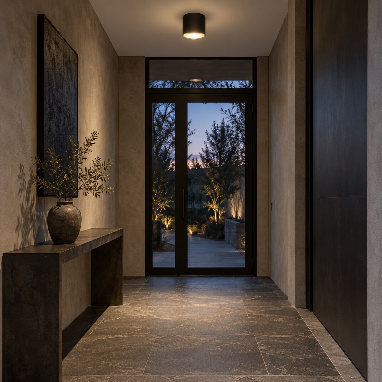 Black cylinder flush mount light in a small entry A compact black cylinder ceiling light glows in a slate and limewash entry vestibule. | Sky Rye Design A compact black cylinder ceiling light glows in a slate and limewash entry vestibule.