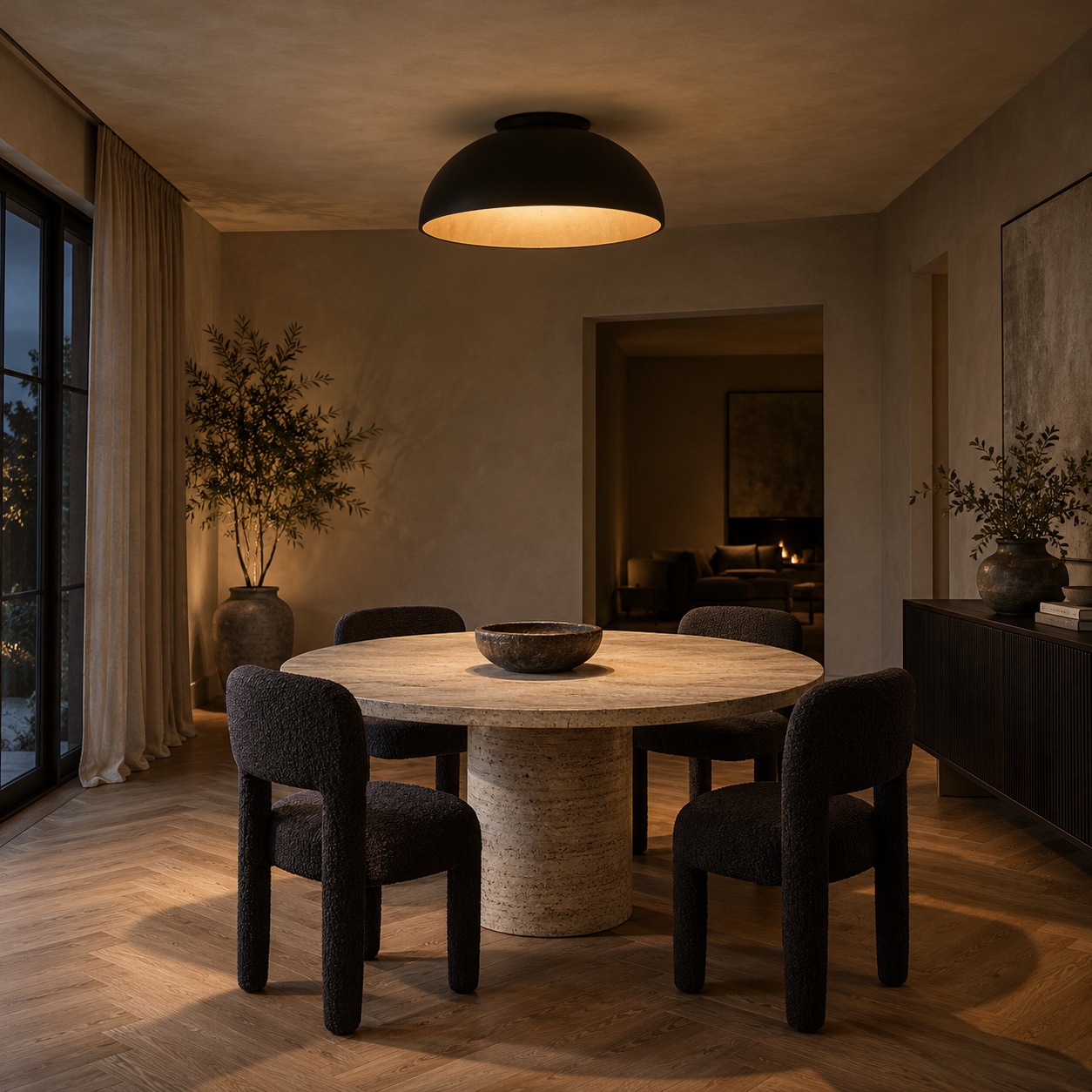 Black dome flush mount light above a dining table A satin black dome flush mount light centers a round travertine dining table. | Sky Rye Design A satin black dome flush mount light centers a round travertine dining table.