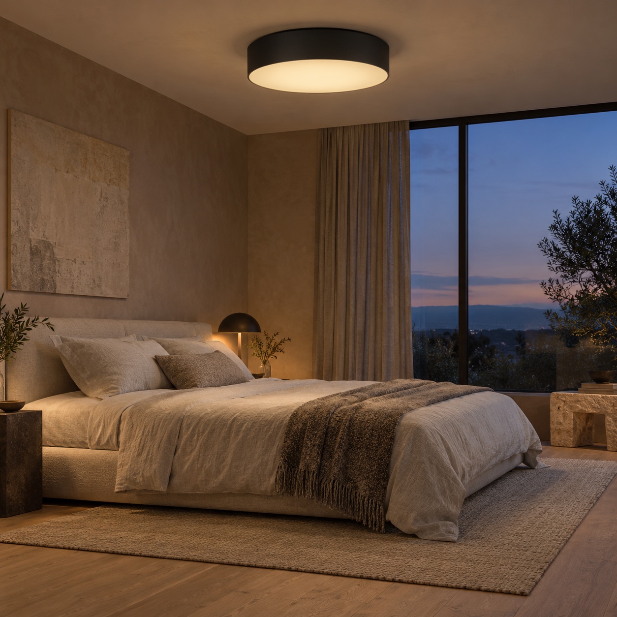 Black drum flush mount light in a calm bedroom A low-profile black drum ceiling light glows above a calm bedroom with clay plaster walls. | Sky Rye Design A low-profile black drum ceiling light glows above a calm bedroom with clay plaster walls.