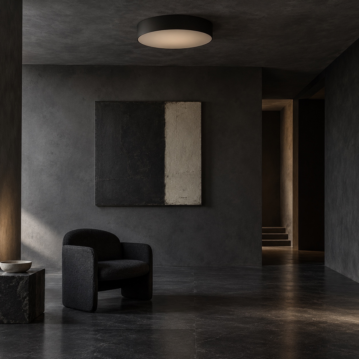 Black flush mount light on a charcoal ceiling A matte black disc light blends into a dark charcoal ceiling and graphite walls. | Sky Rye Design A matte black disc light blends into a dark charcoal ceiling and graphite walls.