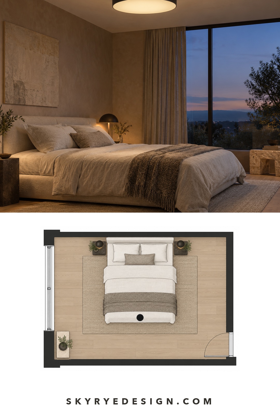 Bedroom flush mount lighting floor plan Pinterest interior pin pairing a black flush mount bedroom photo with a flat bedroom floor plan. | Sky Rye Design Pinterest interior pin pairing a black flush mount bedroom photo with a flat bedroom floor plan.