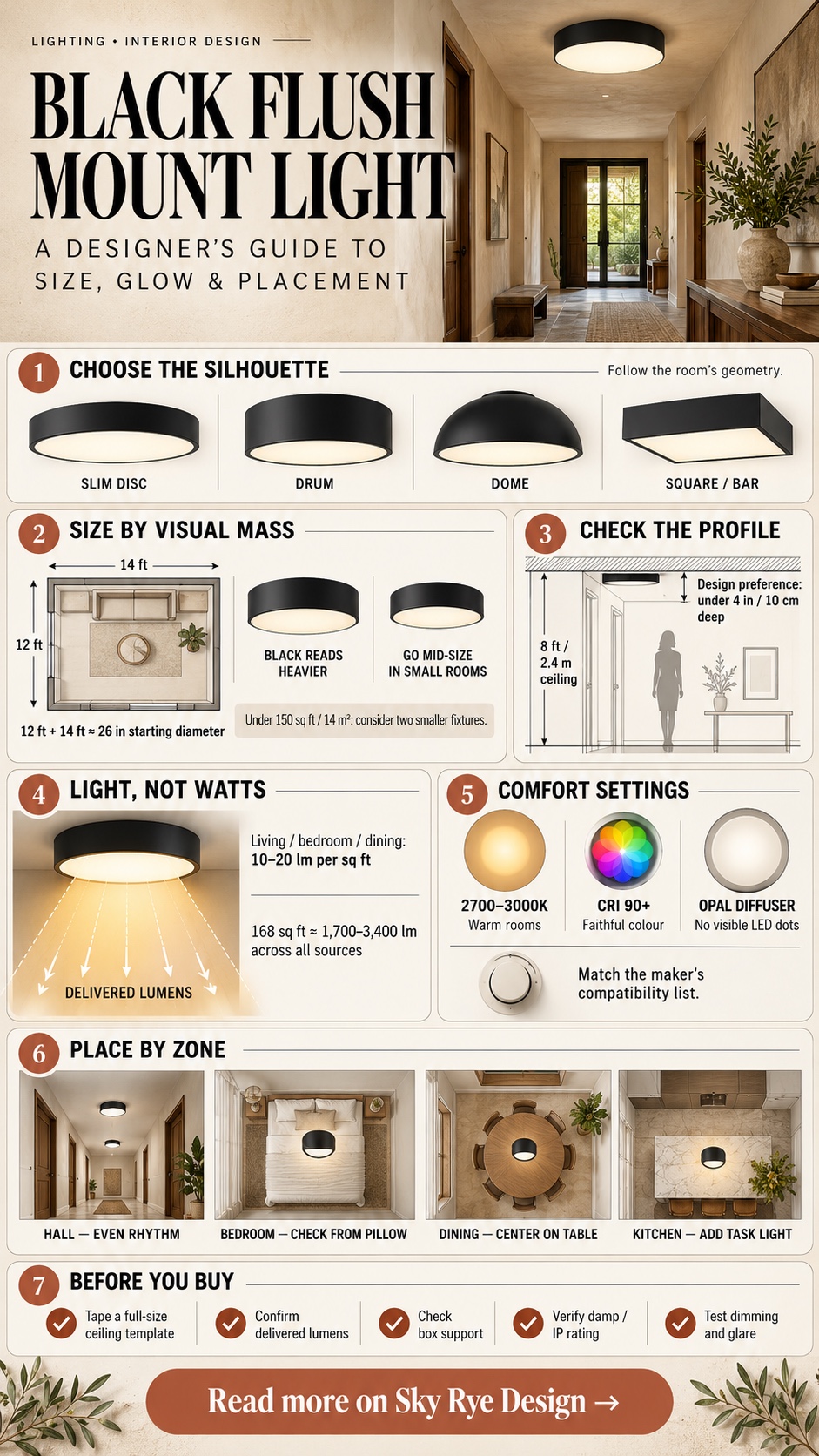 Black flush mount light size glow and placement guide Vertical infographic explaining black flush mount light silhouettes, sizing, lumens, color temperature, room placement and buying checks. | Sky Rye Design Vertical infographic explaining black flush mount light silhouettes, sizing, lumens, color temperature, room placement and buying checks.