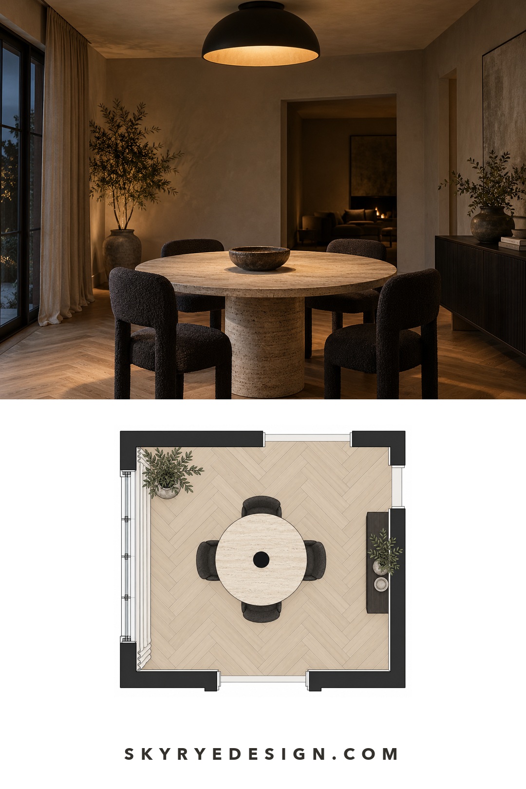 Dining room lighting floor plan Pinterest interior pin pairing a black dome flush mount dining room photo with a flat dining room floor plan. | Sky Rye Design Pinterest interior pin pairing a black dome flush mount dining room photo with a flat dining room floor plan.