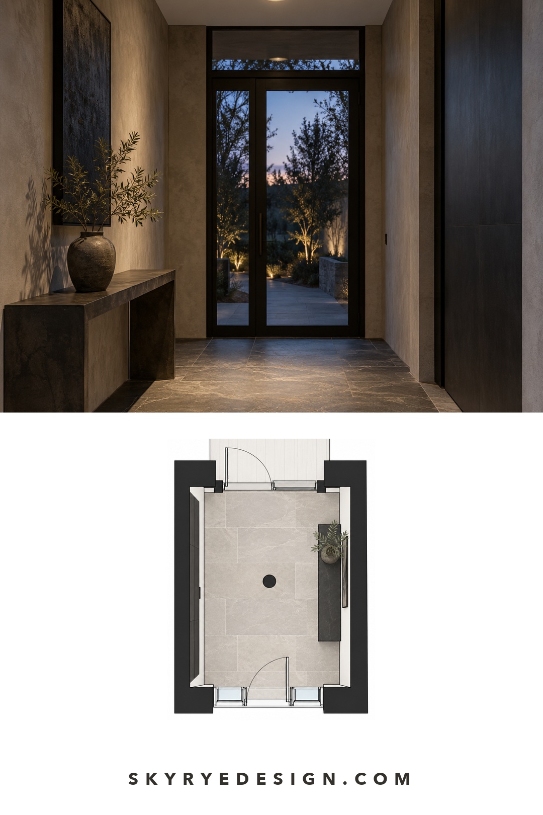 Entry vestibule lighting floor plan Pinterest interior pin pairing a compact black flush mount entry photo with a flat entry floor plan. | Sky Rye Design Pinterest interior pin pairing a compact black flush mount entry photo with a flat entry floor plan.