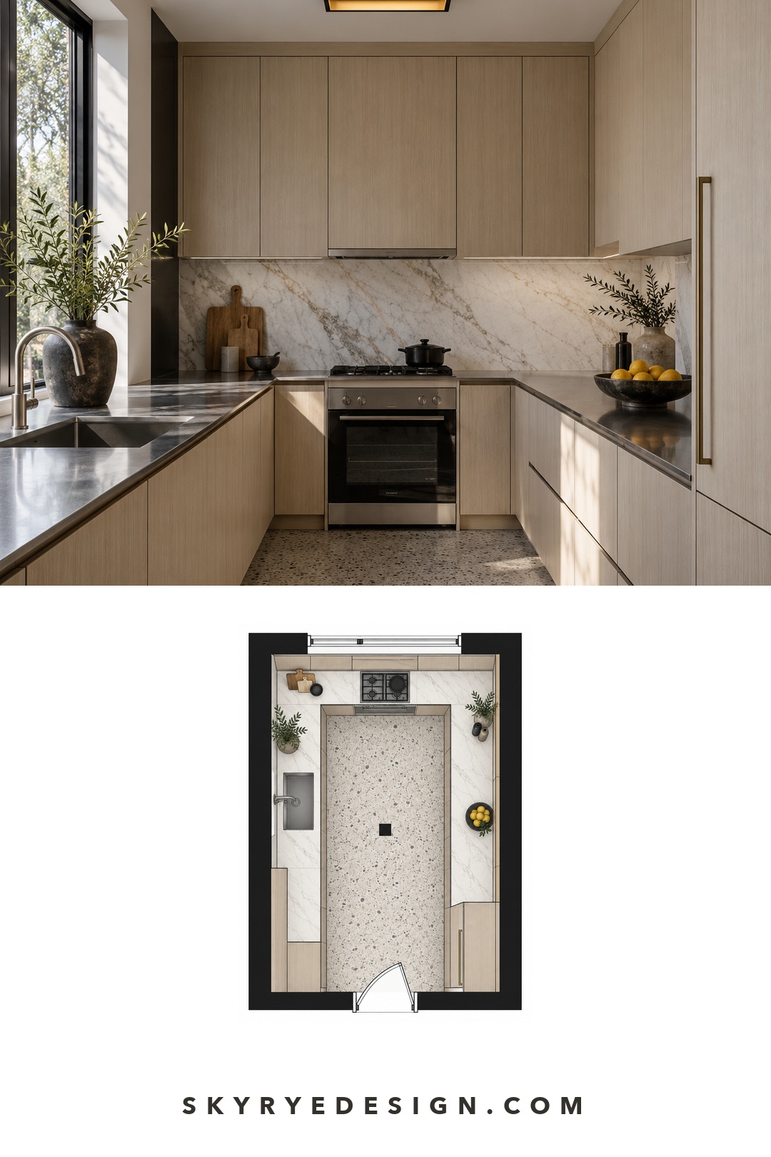 Galley kitchen lighting floor plan Pinterest interior pin pairing a black flush mount galley kitchen photo with a flat kitchen floor plan. | Sky Rye Design Pinterest interior pin pairing a black flush mount galley kitchen photo with a flat kitchen floor plan.