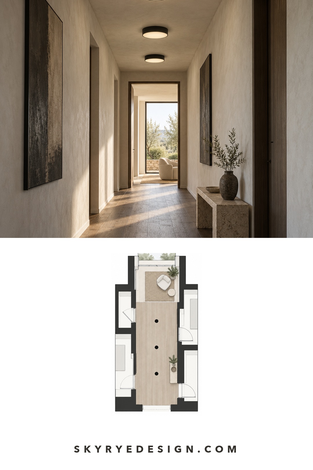 Modern hallway lighting floor plan Pinterest interior pin pairing a black flush mount hallway photo with a flat hallway floor plan. | Sky Rye Design Pinterest interior pin pairing a black flush mount hallway photo with a flat hallway floor plan.