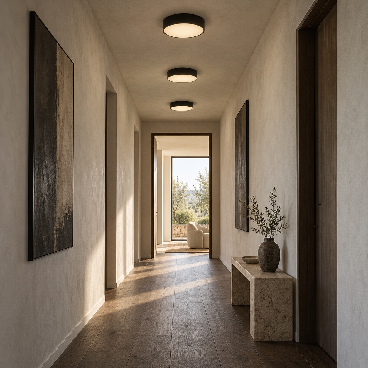 Black flush mount lights in a warm modern hallway Three matte black flush mount lights line a warm plaster hallway with smoked oak flooring. | Sky Rye Design Three matte black flush mount lights line a warm plaster hallway with smoked oak flooring.