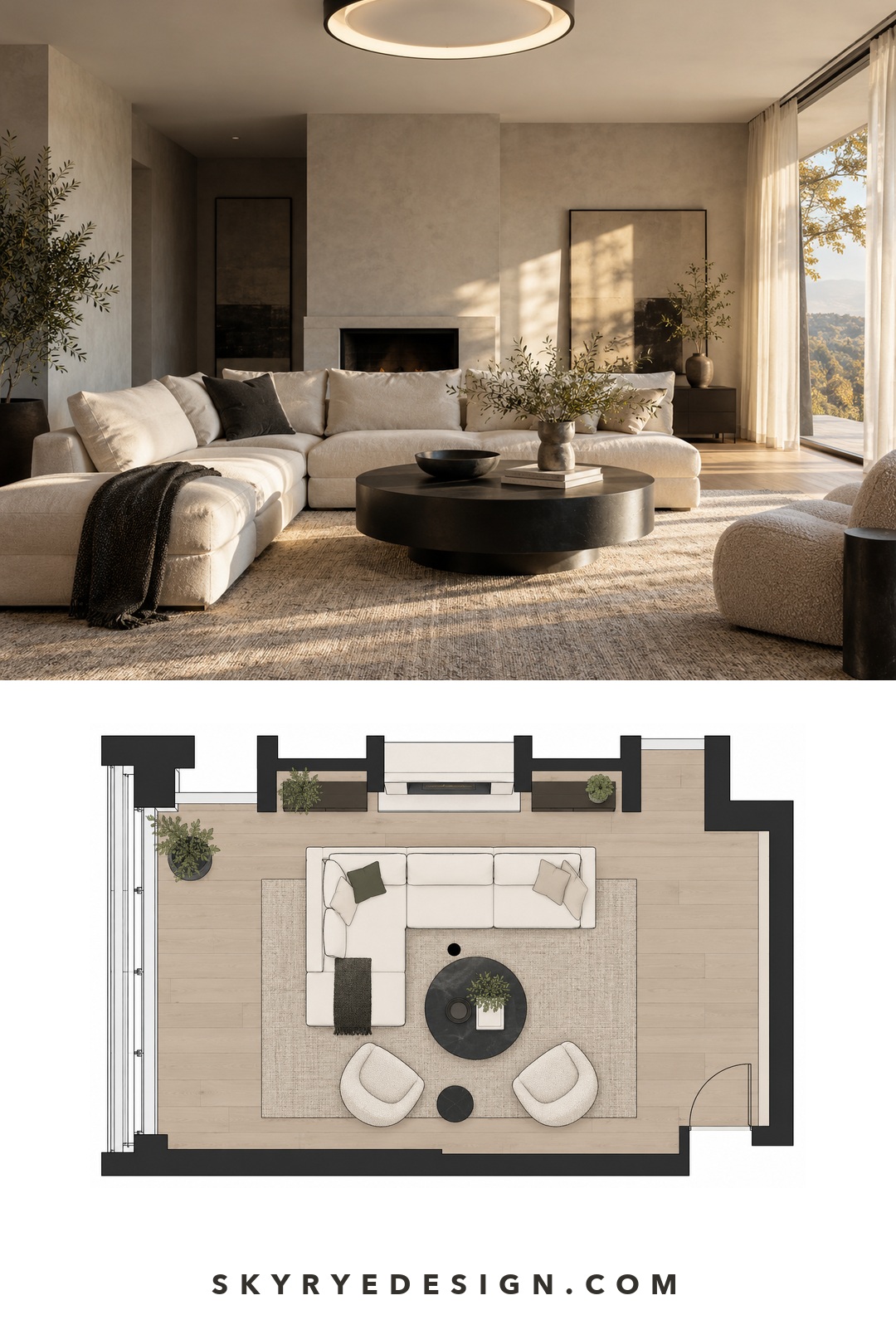 Living room lighting floor plan Pinterest interior pin pairing a black ring flush mount living room photo with a flat seating-plan diagram. | Sky Rye Design Pinterest interior pin pairing a black ring flush mount living room photo with a flat seating-plan diagram.