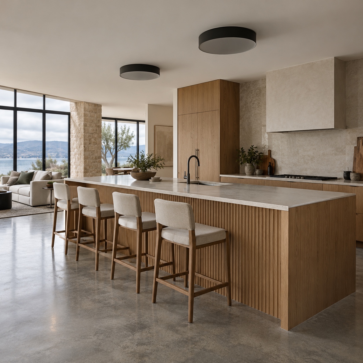 Black flush mount lights above an open-plan kitchen Two matte black flush mount ceiling lights align above a fluted oak kitchen island. | Sky Rye Design Two matte black flush mount ceiling lights align above a fluted oak kitchen island.