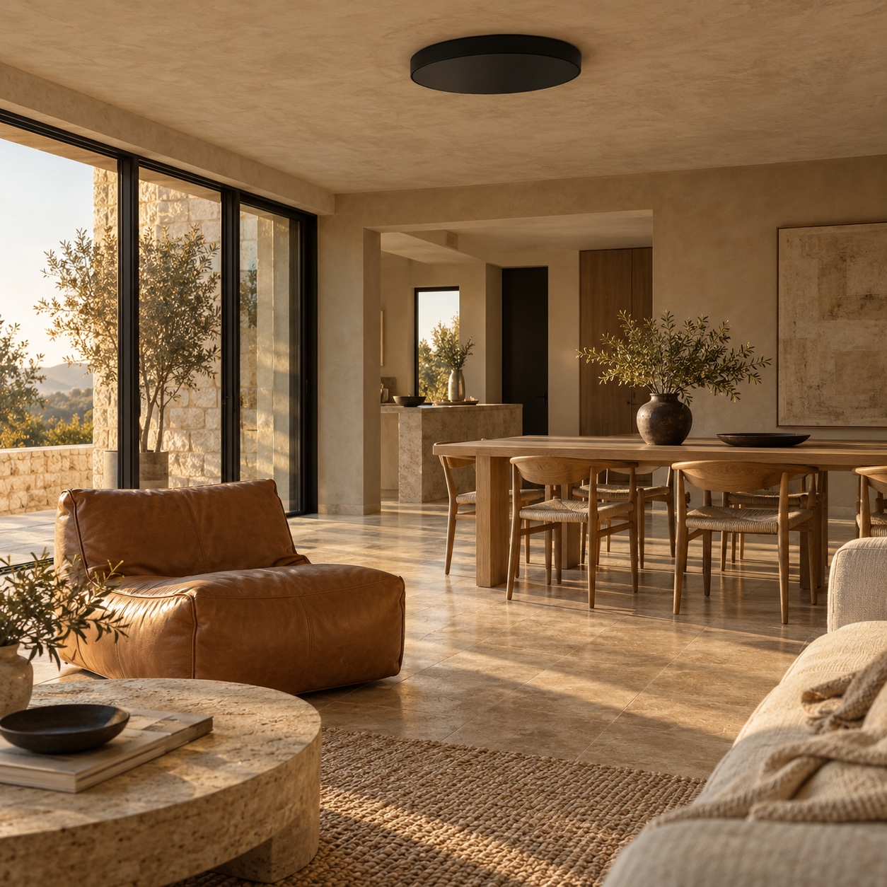 Black flush mount light in a warm neutral open plan A slim black ceiling light marks a warm open-plan living and dining zone. | Sky Rye Design A slim black ceiling light marks a warm open-plan living and dining zone.