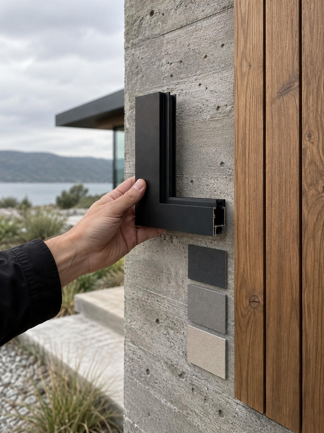 Black frame timber sample Hand comparing a black frame sample with warm timber and board-formed concrete | Sky Rye Design Hand comparing a black frame sample with warm timber and board-formed concrete