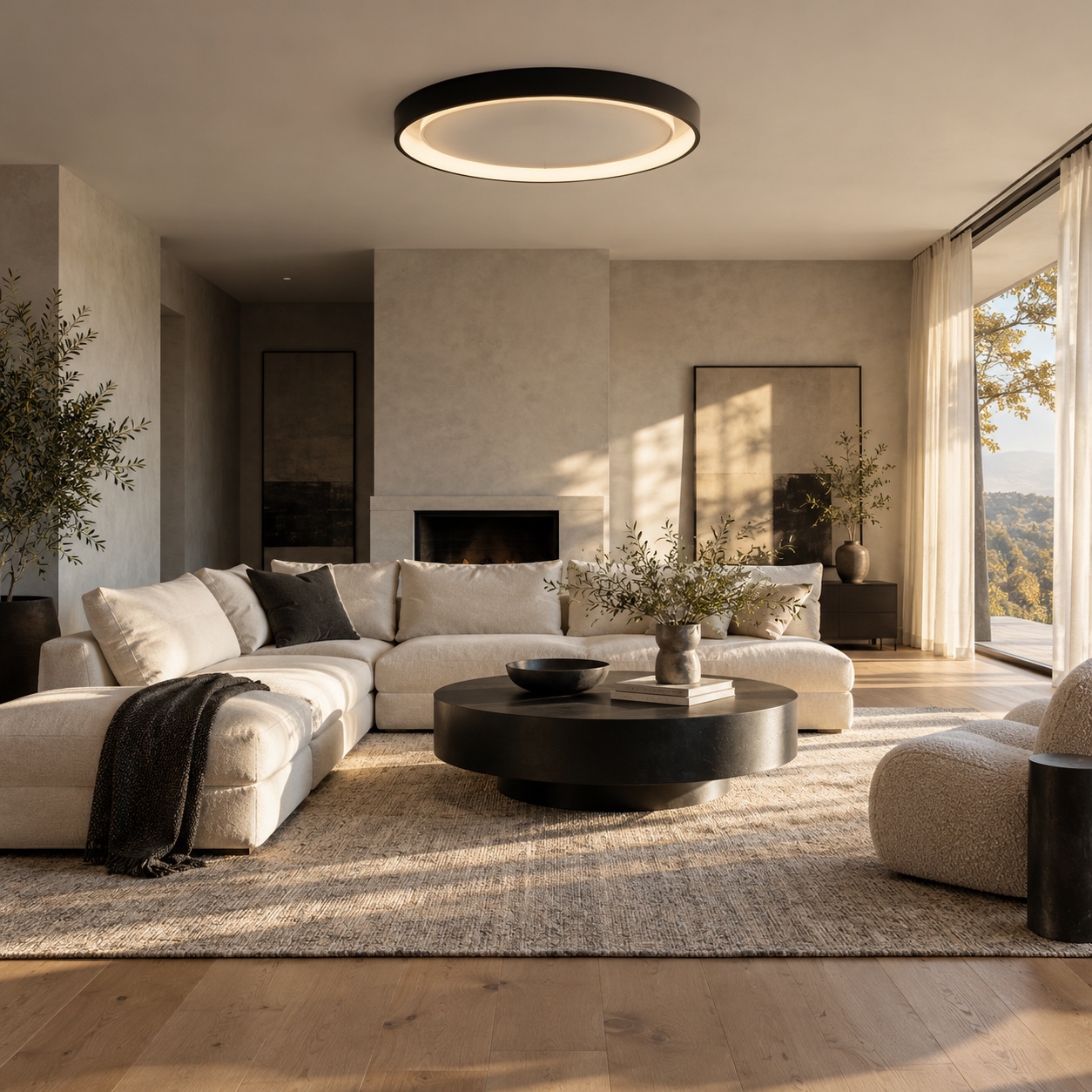 Black ring flush mount light in a modern living room A large black ring-shaped flush mount light anchors an ivory and oak living room. | Sky Rye Design A large black ring-shaped flush mount light anchors an ivory and oak living room.