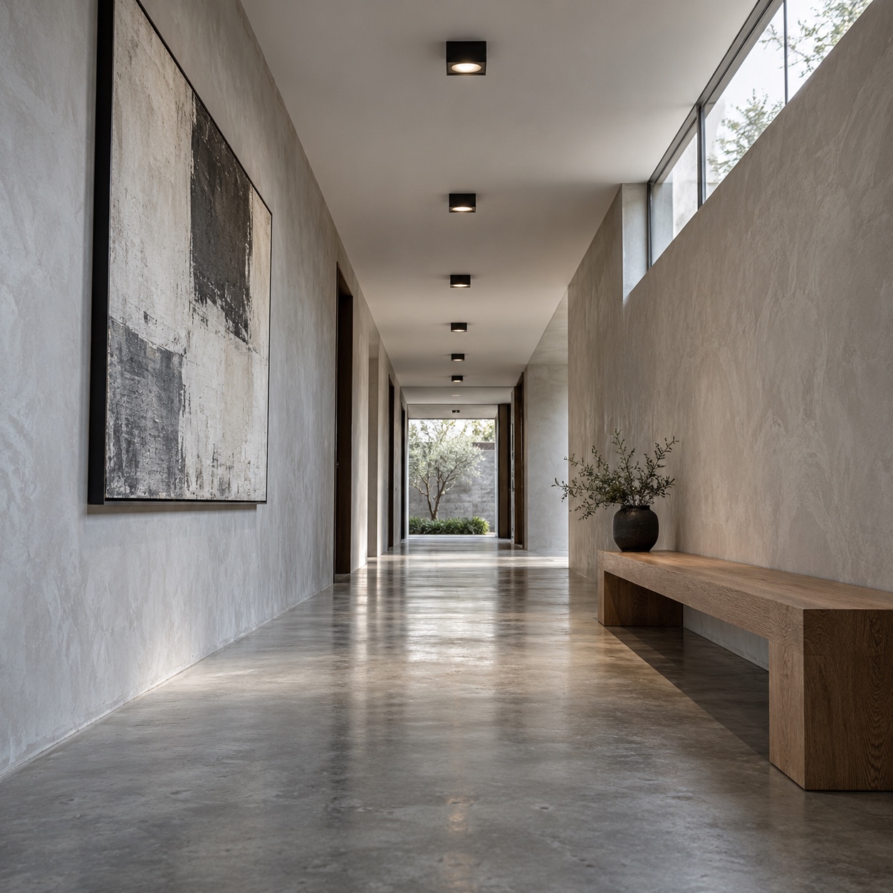 Square black flush mount lights in a gallery corridor Square black ceiling fixtures create an even rhythm along a pale gallery corridor. | Sky Rye Design Square black ceiling fixtures create an even rhythm along a pale gallery corridor.