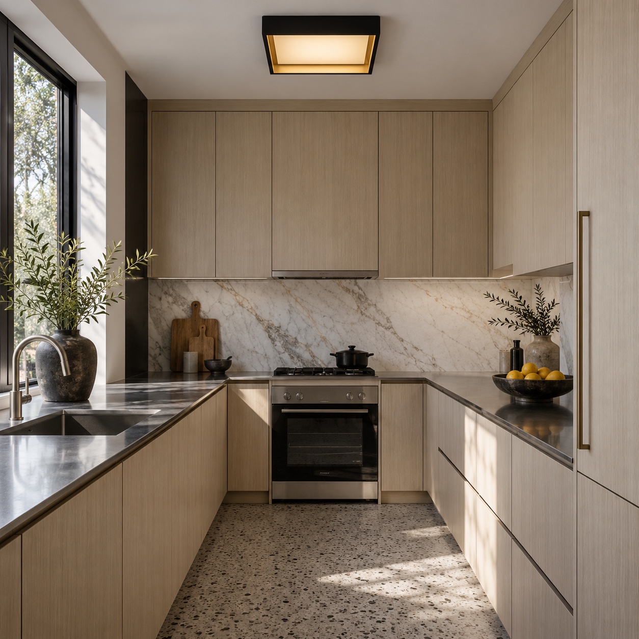 Black flush mount light in a compact kitchen A square black flush mount light illuminates a compact ash and marble galley kitchen. | Sky Rye Design A square black flush mount light illuminates a compact ash and marble galley kitchen.