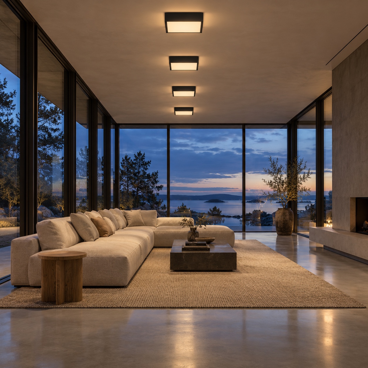 Black square flush mount lights in a glass pavilion Four square black ceiling lights align through a glass-walled modern pavilion at blue hour. | Sky Rye Design Four square black ceiling lights align through a glass-walled modern pavilion at blue hour.