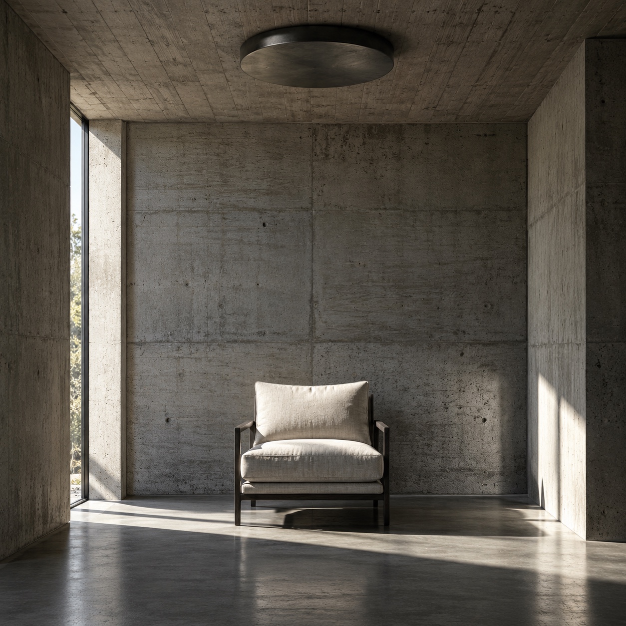 Blackened steel flush mount light on a concrete ceiling A blackened steel disc ceiling light contrasts with board-formed concrete surfaces. | Sky Rye Design A blackened steel disc ceiling light contrasts with board-formed concrete surfaces.