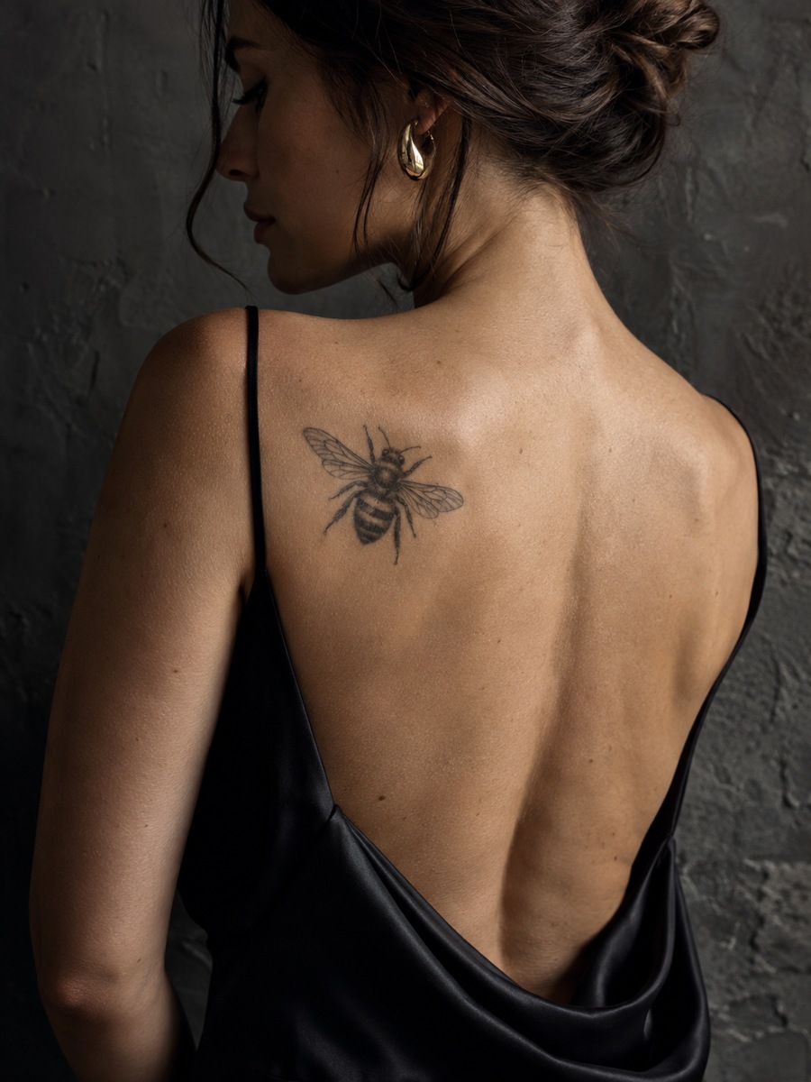 Blackwork honeybee tattoo with bold stripes on the shoulder blade