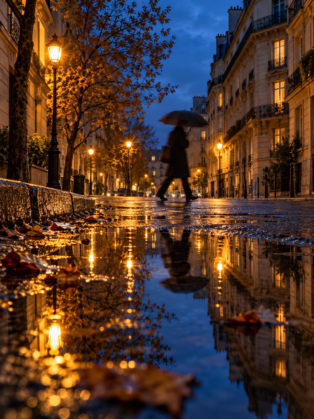 Blue-hour rain reflections Wet city street at blue hour with warm lamps and cool sky reflected in a puddle beneath a passing figure with an umbrella | Sky Rye Design Wet city street at blue hour with warm lamps and cool sky reflected in a puddle beneath a passing figure with an umbrella