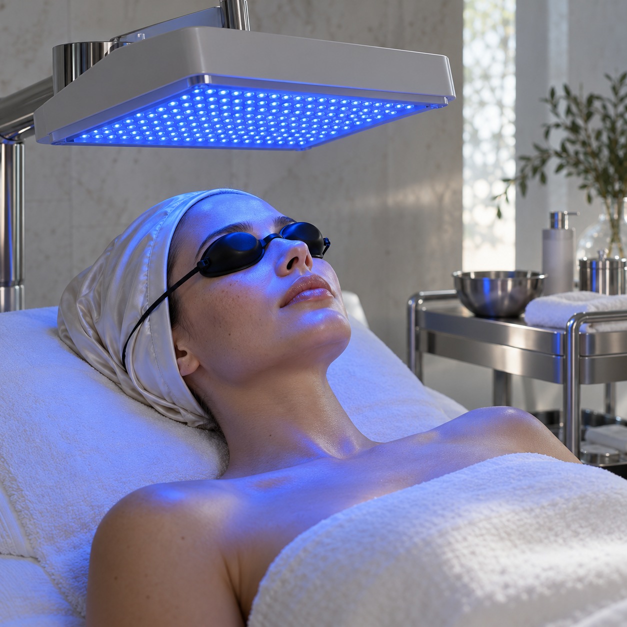 Blue LED light therapy session Client wearing protective goggles during a blue LED facial session | Sky Rye Design Client wearing protective goggles during a blue LED facial session