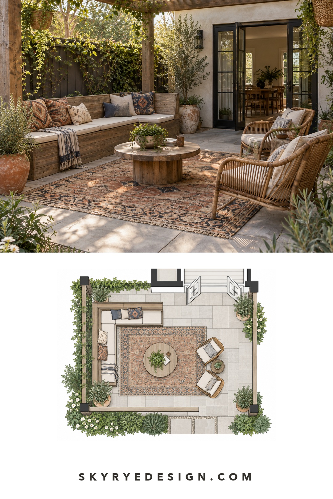 Bohemian garden room photograph paired with a top-down plan showing the built-in bench, woven chairs, round table, rug, French doors, and planting