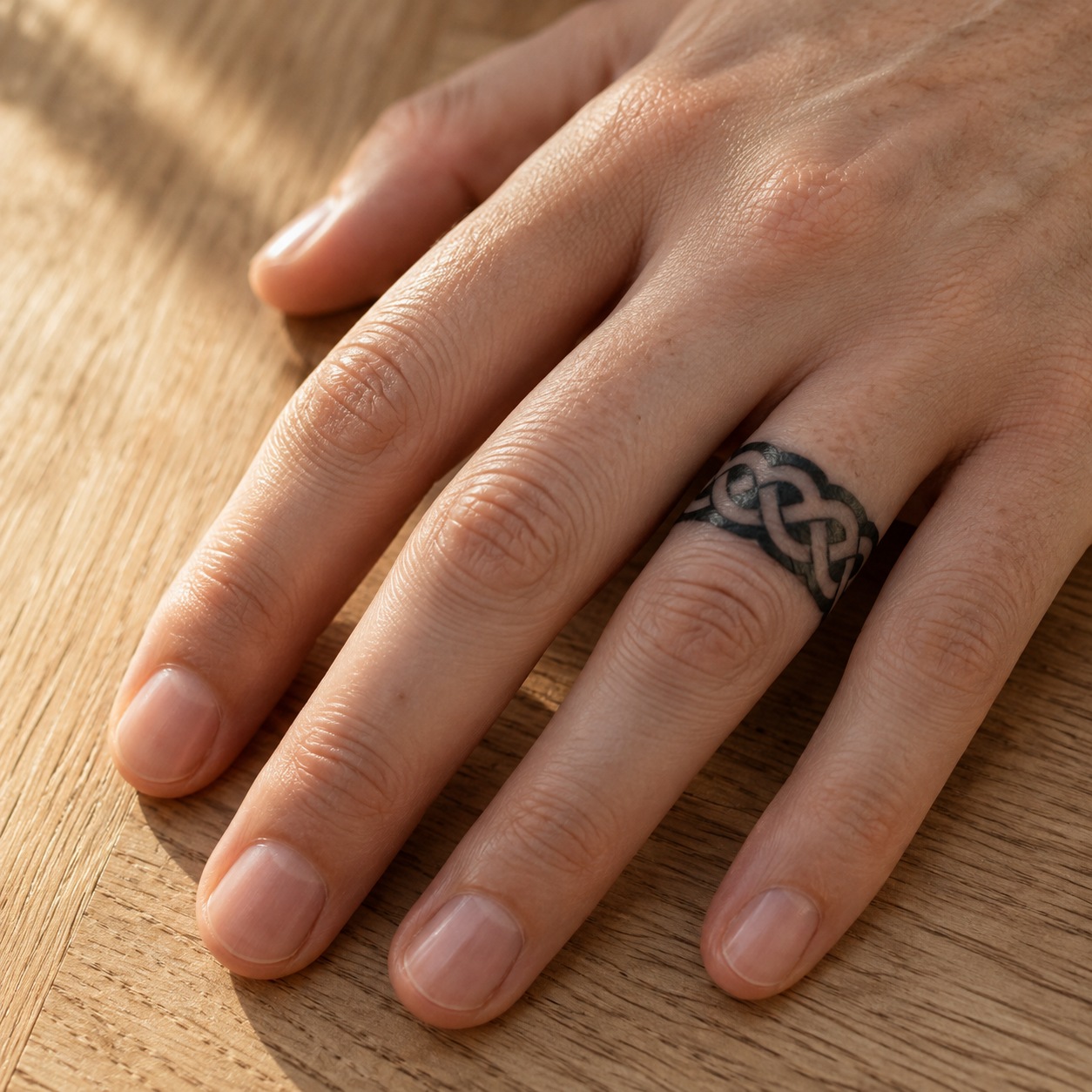 Ring finger with a bold continuous Celtic knot band and generous gaps