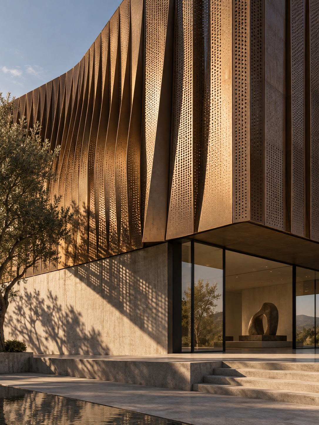Bronze-toned flexible slats creating deep shadows on a museum facade