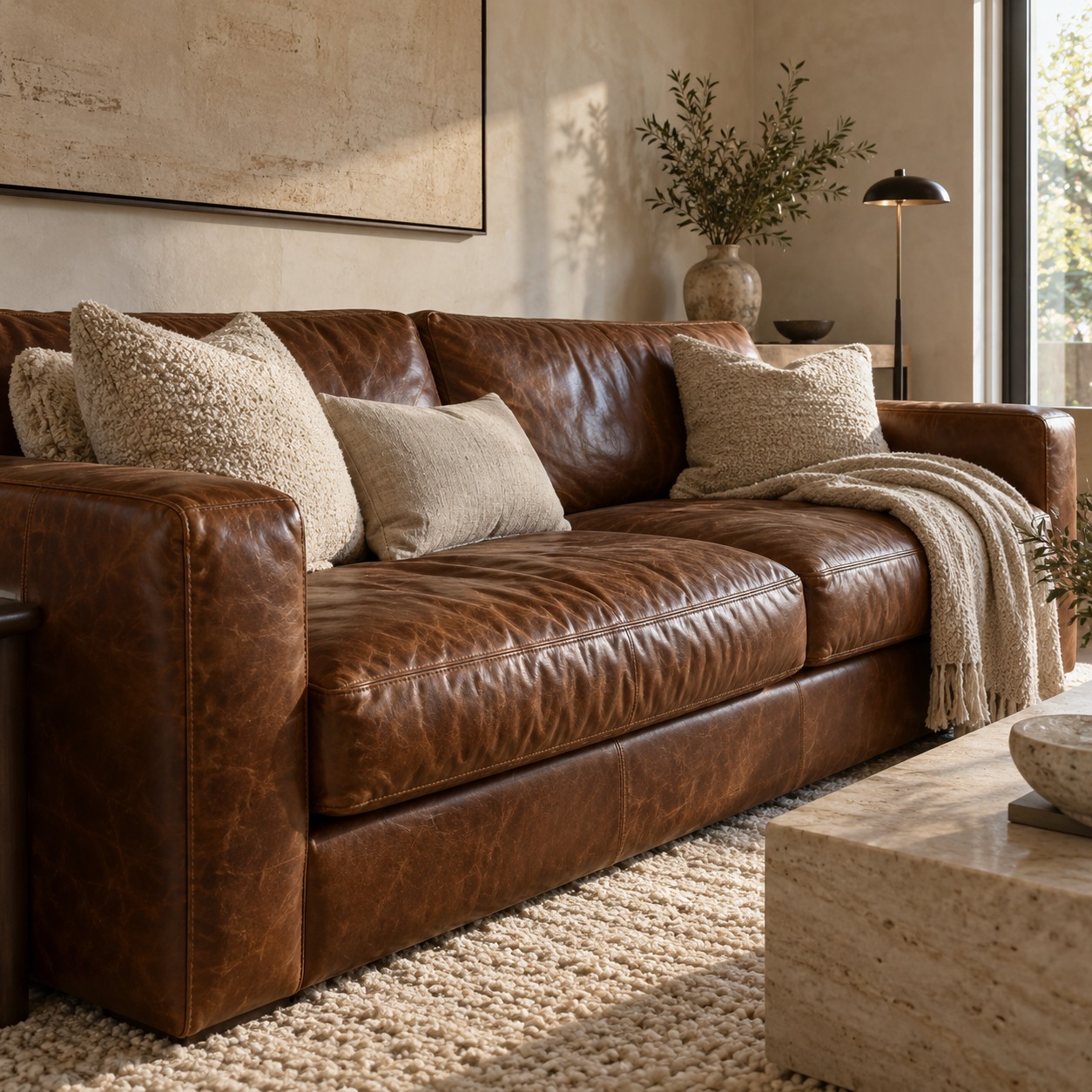 Brown leather sofa styled with beige pillows and a warm cream rug