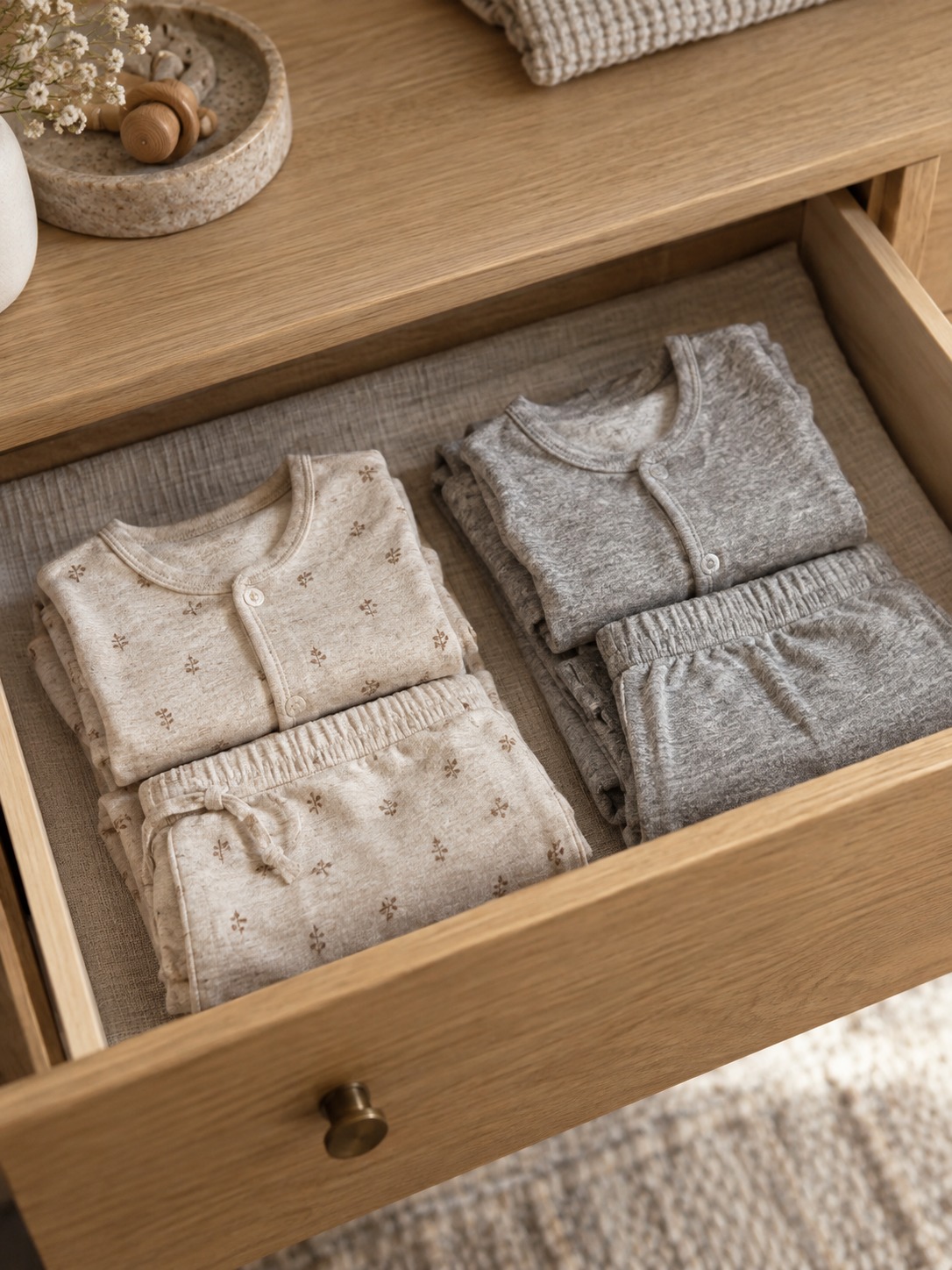 Bundled toddler pajama sets Toddler pajama tops and bottoms folded together in a shallow drawer | Sky Rye Design Toddler pajama tops and bottoms folded together in a shallow drawer