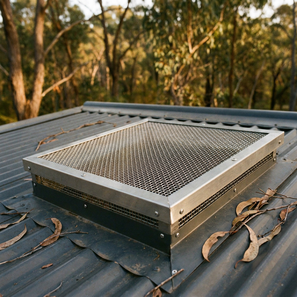 Fine metal mesh covering a roof vent opening beside eucalypt bushland
