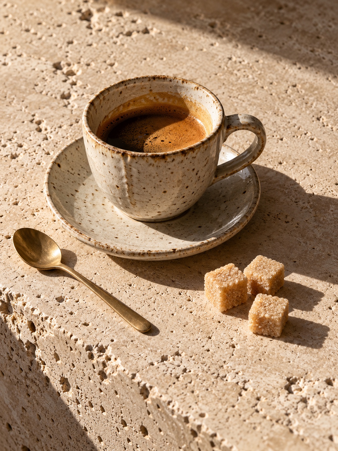 Small product or café still life Handmade ceramic espresso cup on travertine with a hard morning shadow, shot with deep depth of field | Sky Rye Design Handmade ceramic espresso cup on travertine with a hard morning shadow, shot with deep depth of field