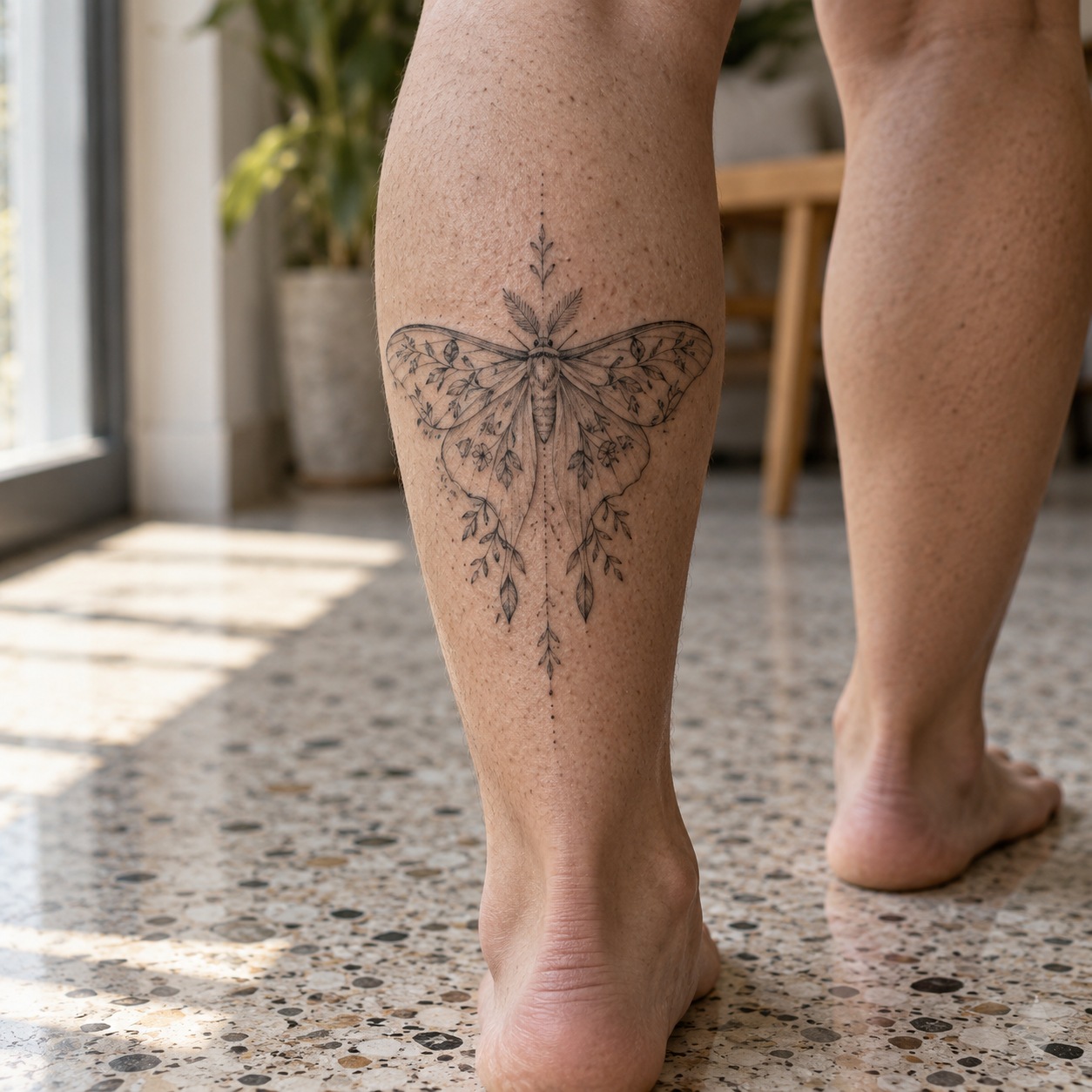 Moth with botanical wings tattooed on the calf