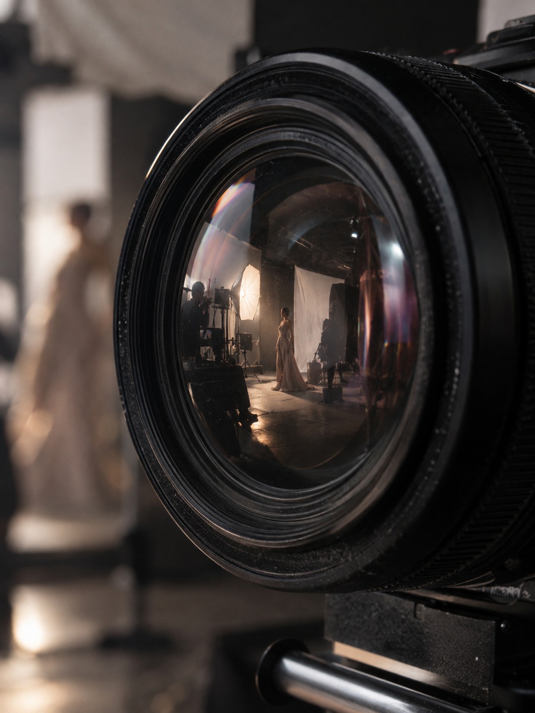 Camera lens reflecting a studio set Camera lens reflecting a softly lit editorial studio set | Sky Rye Design Camera lens reflecting a softly lit editorial studio set