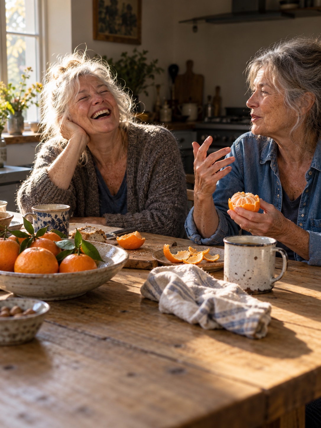 Candid human moment Two older friends laughing at a kitchen table in warm afternoon light, caught in an unposed moment | Sky Rye Design Two older friends laughing at a kitchen table in warm afternoon light, caught in an unposed moment