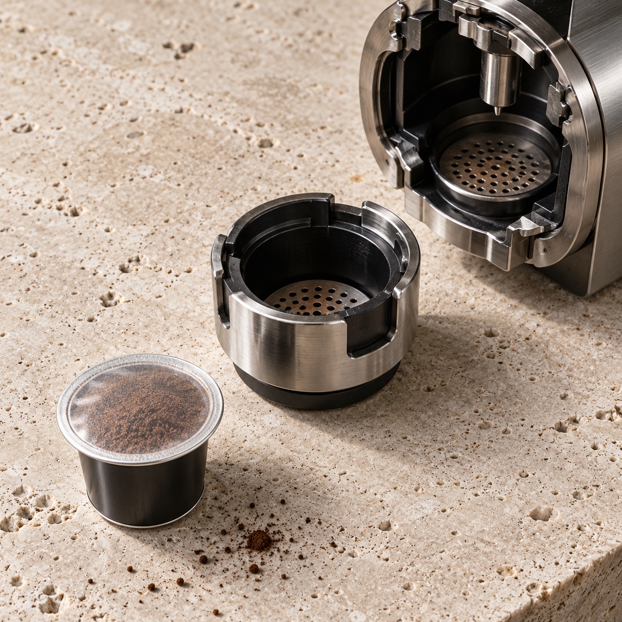 Capsule machine and brewer interface Coffee capsule shown with filling-machine tooling and brewer chamber | Sky Rye Design Coffee capsule shown with filling-machine tooling and brewer chamber