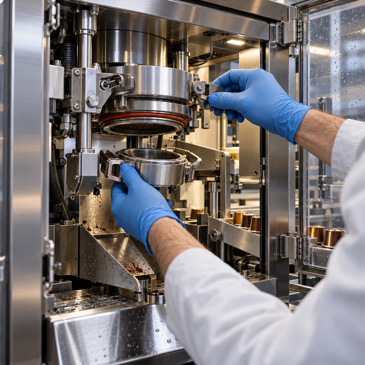 Capsule machine sanitation and maintenance access Technician opening a capsule machine service bay for cleaning | Sky Rye Design Technician opening a capsule machine service bay for cleaning