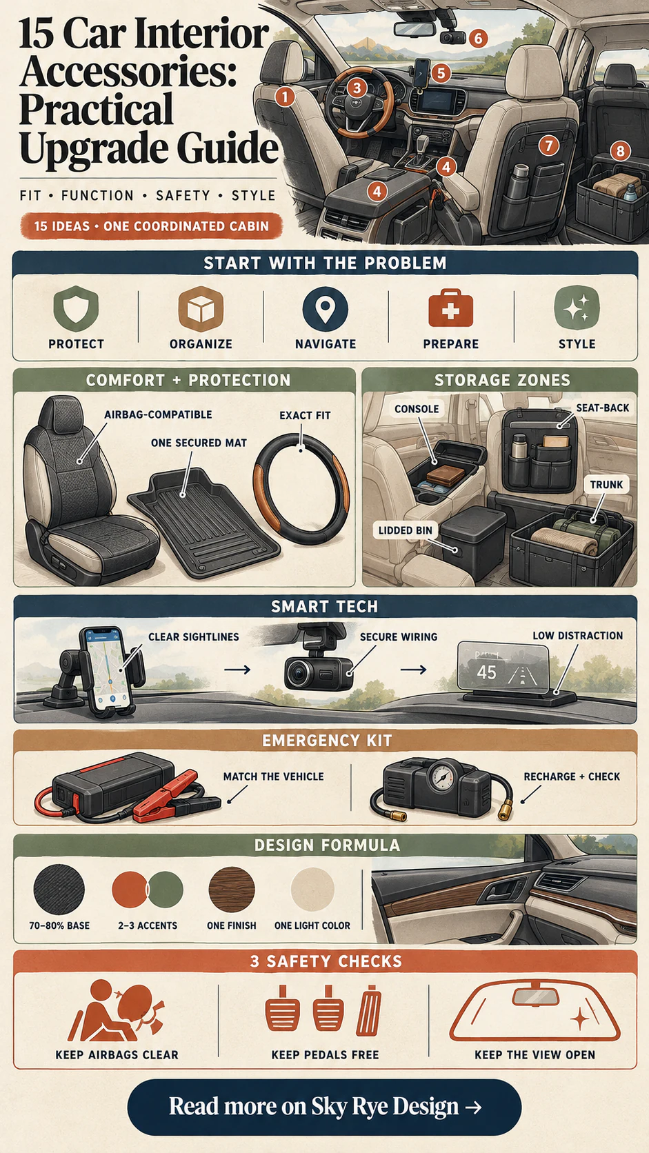 Car Interior Accessories Practical Upgrade Guide Infographic Car interior accessories infographic showing comfort, storage, smart tech, emergency equipment, design coordination, and safety checks | Sky Rye Design Car interior accessories infographic showing comfort, storage, smart tech, emergency equipment, design coordination, and safety checks