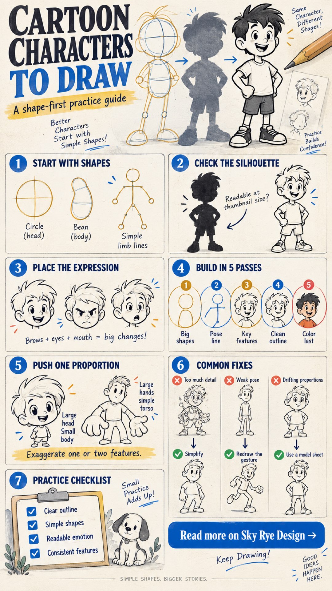 Cartoon Characters to Draw Practice Guide Cartoon characters to draw infographic showing shape construction, silhouette checks, expressions, proportions, and common fixes | Sky Rye Design Cartoon characters to draw infographic showing shape construction, silhouette checks, expressions, proportions, and common fixes