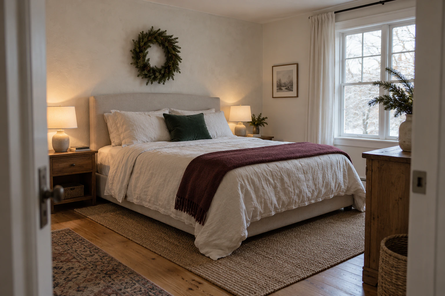 Minimal Christmas bedroom with cream linen, forest green cushion, burgundy throw, and wreath