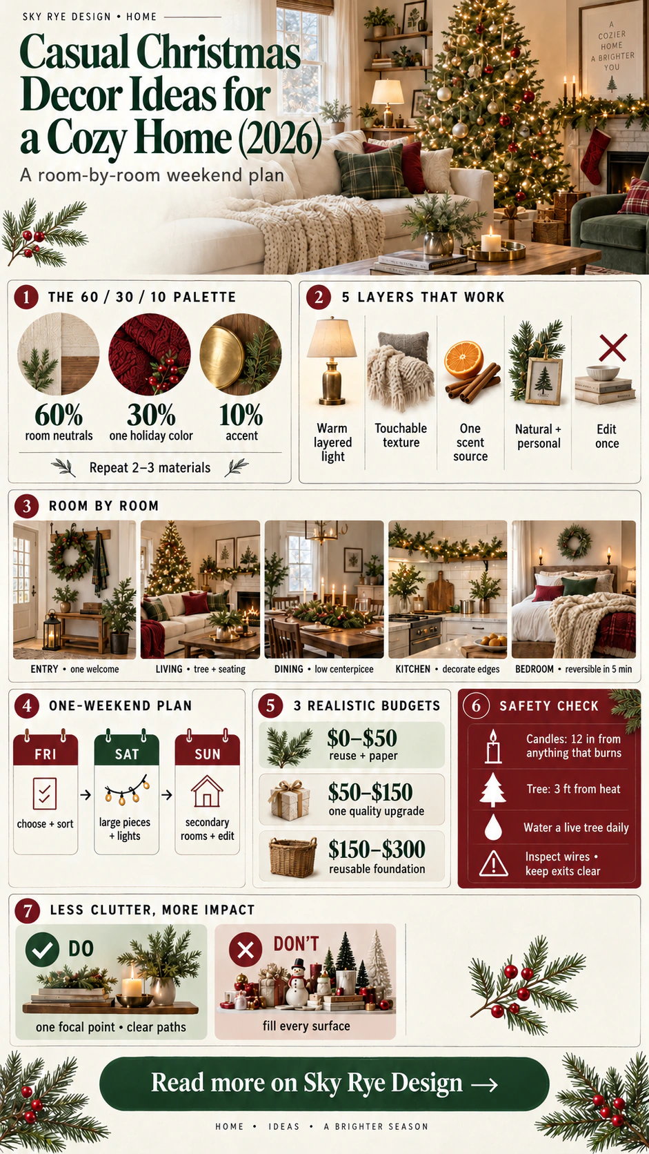 Casual Christmas decor infographic with a 60-30-10 palette, room checklist, weekend plan, budgets, and safety tips