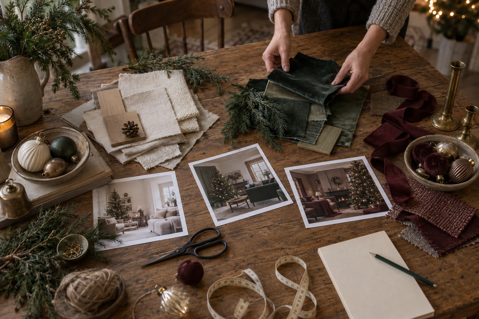 Christmas decor planning table with cream, forest green, burgundy, and brass material palettes