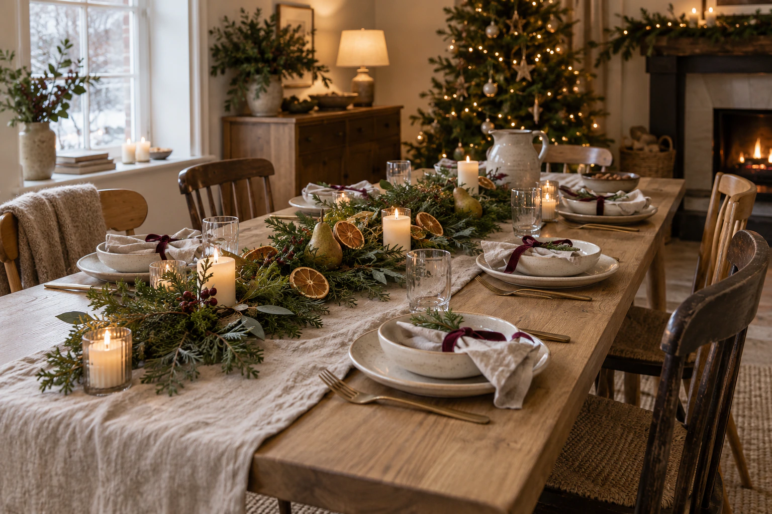 Relaxed Christmas dining table with low greenery centerpiece, linen runner, and burgundy napkins