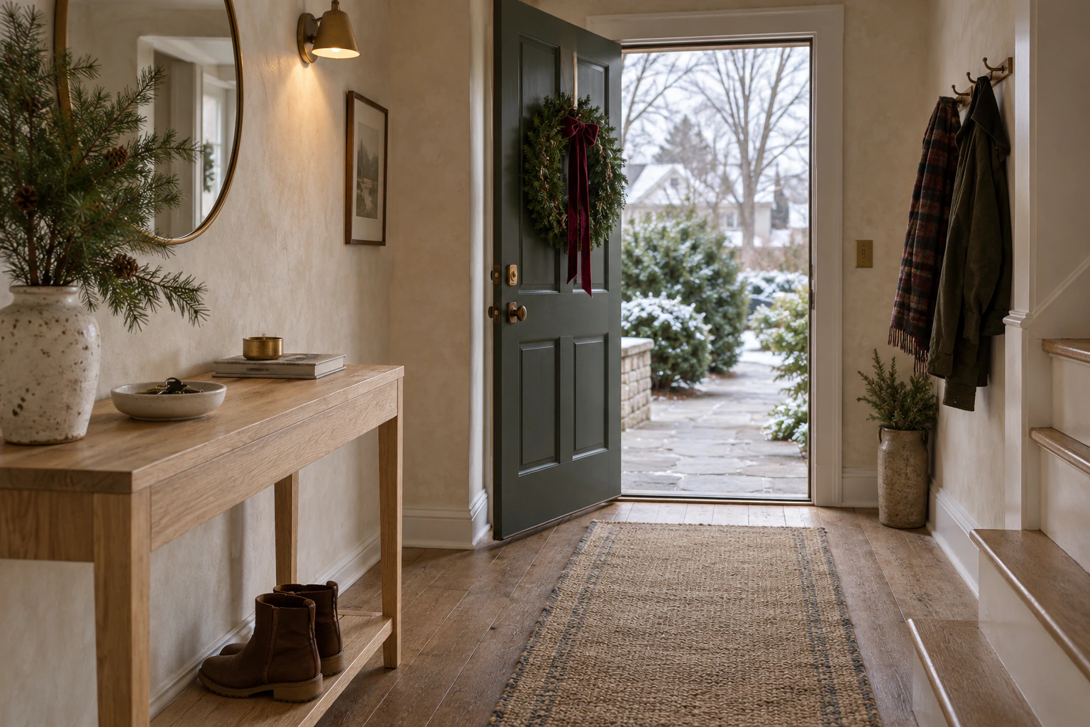 Casual Christmas entryway with evergreen wreath, oak console, and clear walkway