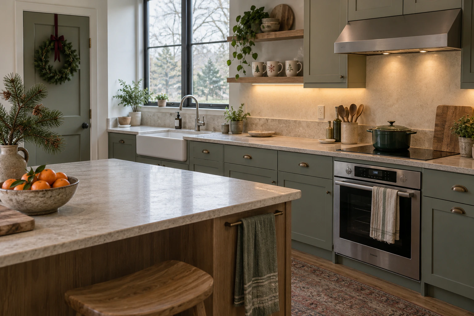 Functional Christmas kitchen with subtle wreath, ceramic mugs, clementines, and clear worktops