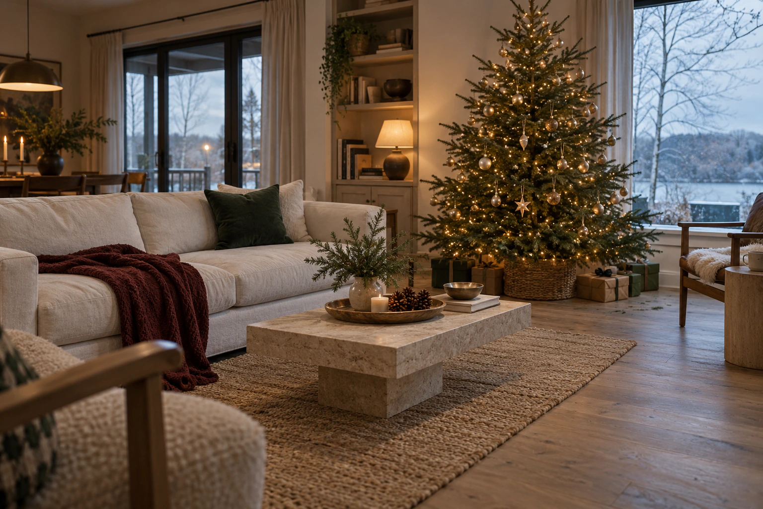 Cozy casual Christmas living room with restrained tree, cream sofa, and burgundy throw