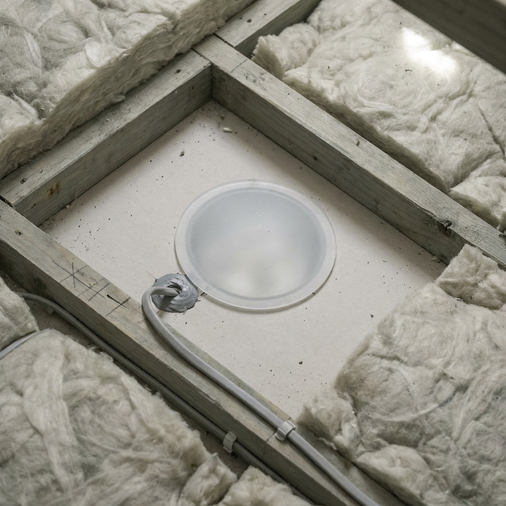 Sealed downlight housing and service penetration surrounded by evenly fitted insulation batts