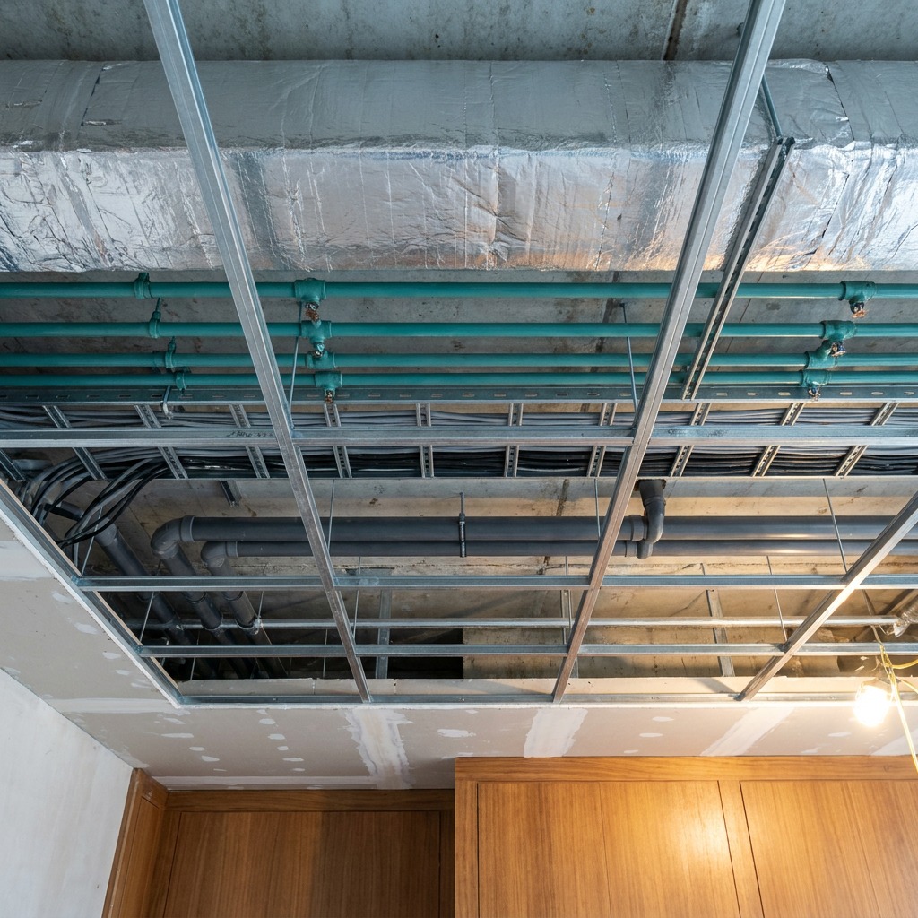 Coordinating Services Above the Ceiling Open ceiling void with neatly routed ductwork, sprinkler pipes and cable trays arranged above new ceiling framing in a commercial interior | Sky Rye Design Open ceiling void with neatly routed ductwork, sprinkler pipes and cable trays arranged above new ceiling framing in a commercial interior