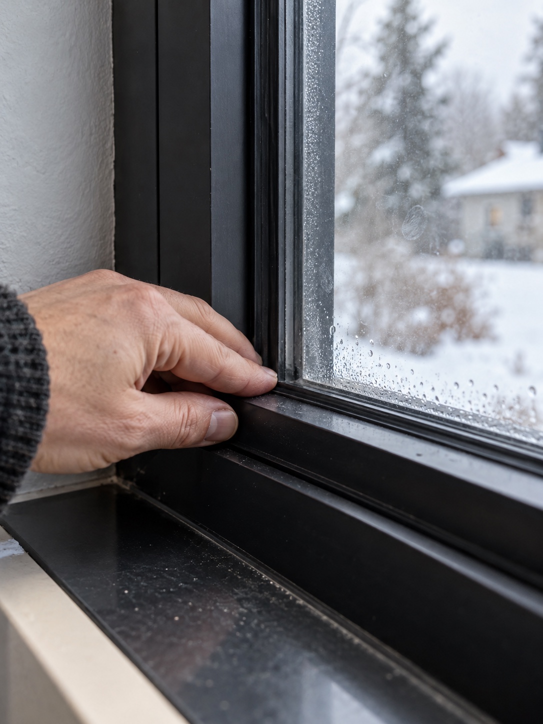 Hand checking the edge of a modern window frame for cold air leaks