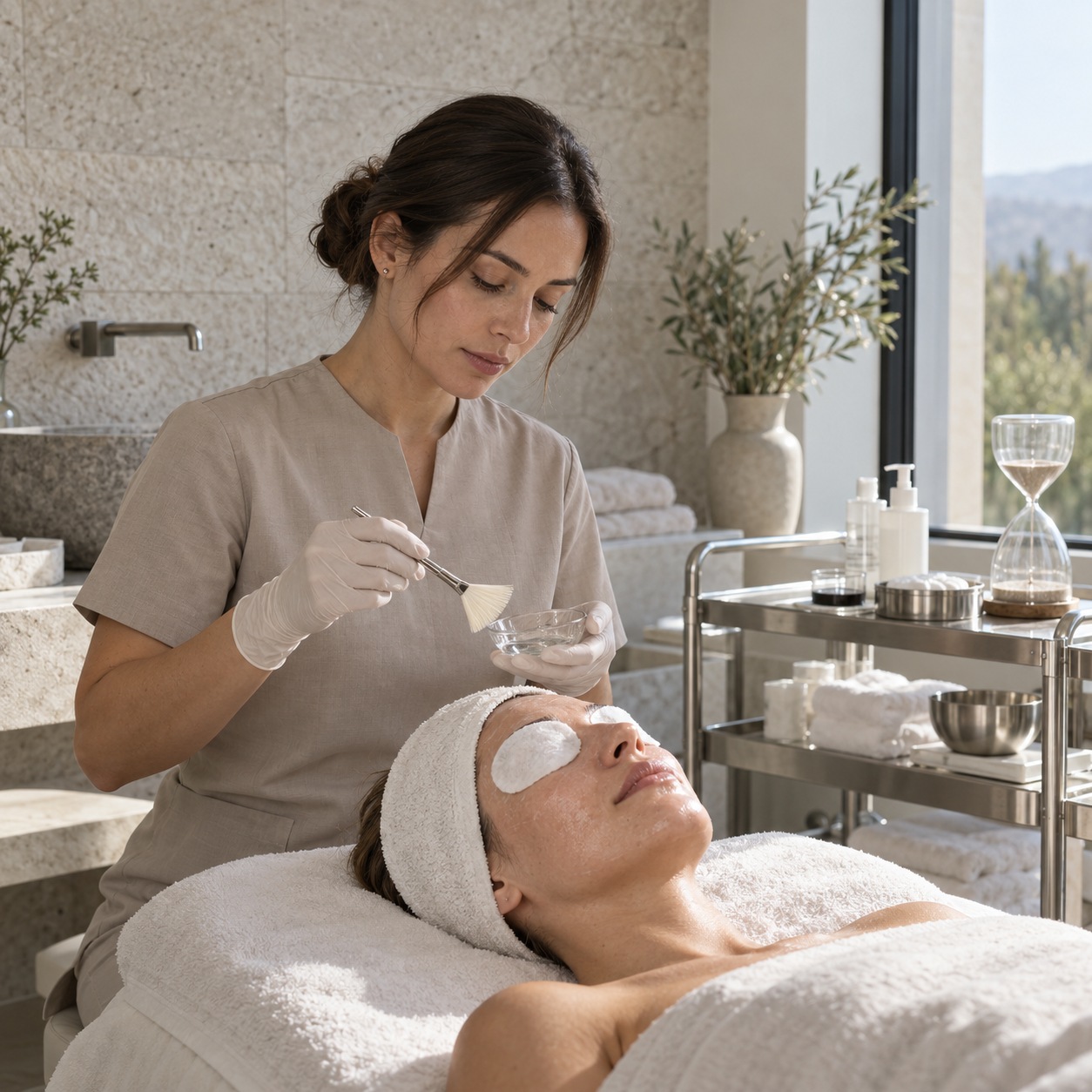 Professional chemical peel application Qualified professional preparing a light chemical peel for a reclining client | Sky Rye Design Qualified professional preparing a light chemical peel for a reclining client